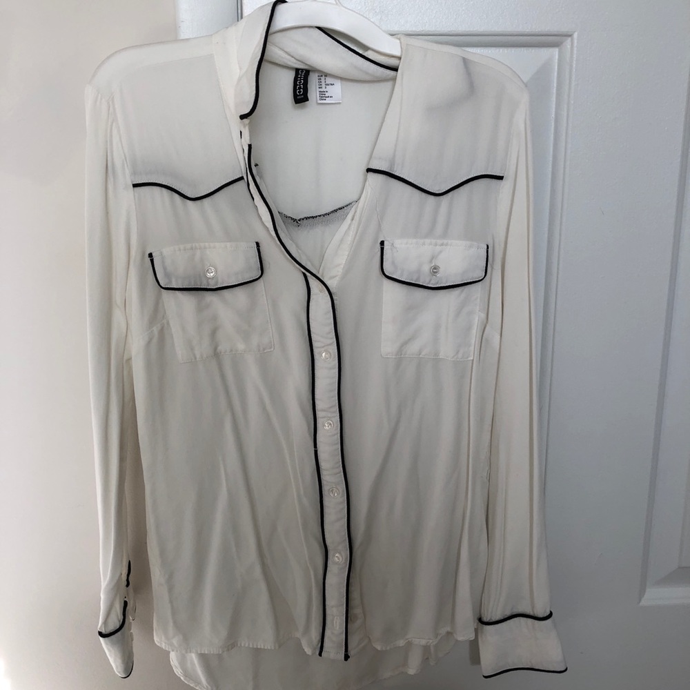 White Button Down Shirt with Black Trim